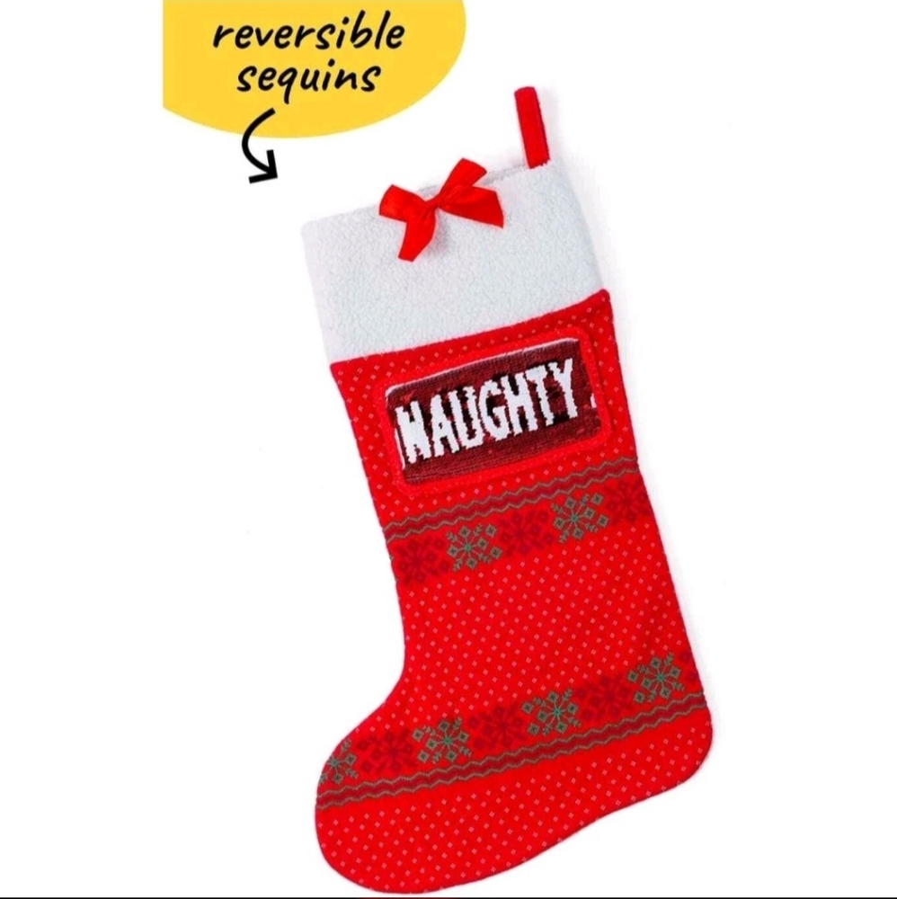 Naughty Or Nice Red Christmas Stocking with Reversible Sequins